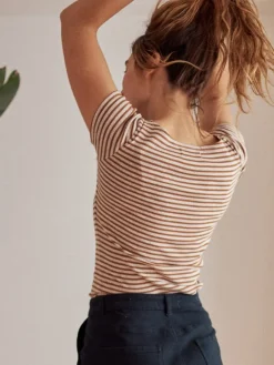Anda T-Shirt Stripes Camel Brown<TWOTHIRDS Cheap