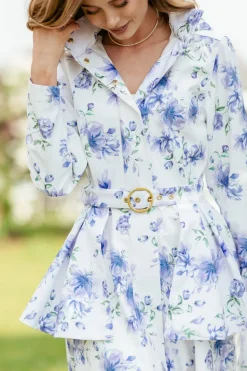 Buckle Belt with Peplum Detail in White with Blue Flower print<RainSisters New