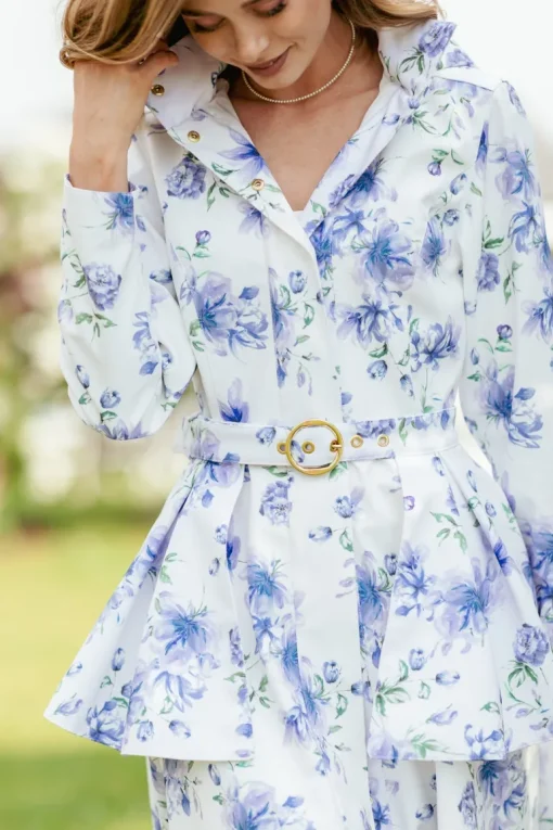 Buckle Belt with Peplum Detail in White with Blue Flower print<RainSisters New