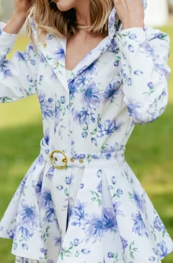 Buckle Belt with Peplum Detail in White with Blue Flower print<RainSisters New