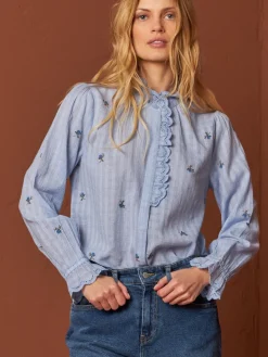 Embroidered Gauze Shirt Blue<INDIu0026COLD Store