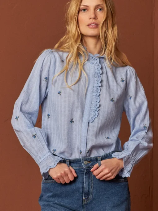 Embroidered Gauze Shirt Blue<INDIu0026COLD Store