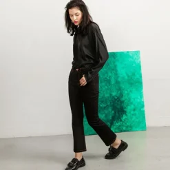 Flared Black Jeans With Tobacco Stitch Cropped<Studio Heijne Outlet