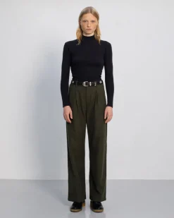 High Waist Flannel Pantalone Moss Green<Rotholz Best