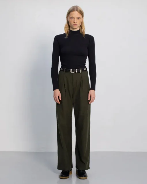High Waist Flannel Pantalone Moss Green<Rotholz Best