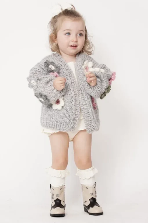 Kids' Petit Handmade Flower Sweater Grey<ANGELL New