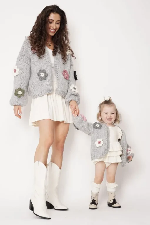 Kids' Petit Handmade Flower Sweater Grey<ANGELL New
