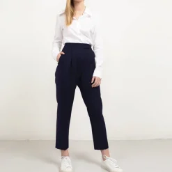 Pleated Wool Trouser Cropped in Navy<Studio Heijne Best Sale