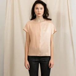 Revolution Short Sleeve Round Neck Silk Top Pink<Studio Heijne Outlet