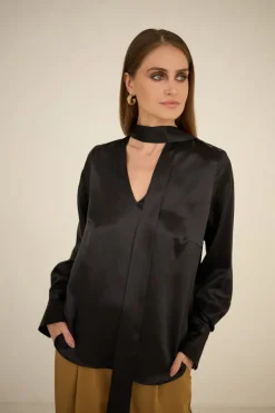 Silk Blouse With a Sash Black<Enteliér New