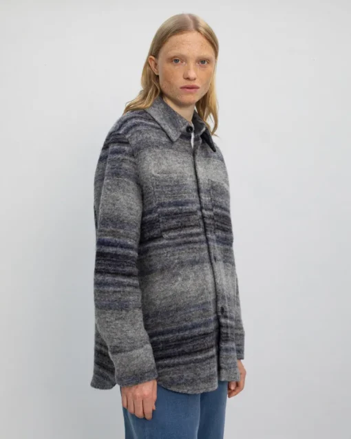Thick Overshirt Wool-Blend Grey Stripe<Rotholz Store